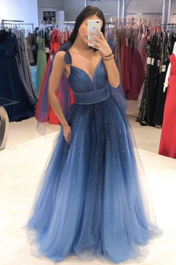 Elegant Ombre Blue Tulle Long Prom Dress Evening Dress