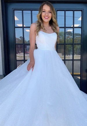A-Line White Sequin Sparkle Long Prom Wedding Dress