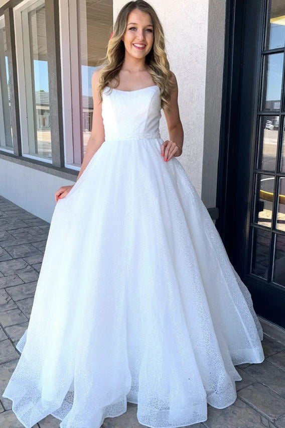 A-Line White Sequin Sparkle Long Prom Wedding Dress