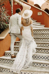 Ivory Sheath Lace Wedding Dresses, Sweetheart Split Beach Bridal Dress