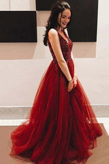 Beaded Tulle Burgundy Prom Dress, V-Neck A-Line Graduation Gown