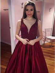 Burgundy Prom Dress Long V-Neck Beading Formal Evening Gown