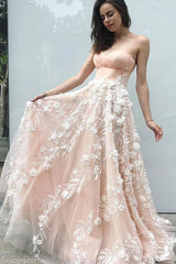 Elegant Sweetheart Blush Pink Tulle Long Prom Dresses with Appliques