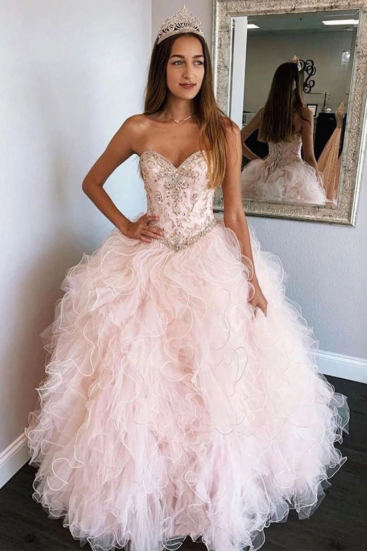 Sweetheart Ball Gown, Beads Sweet 16 Dress, Long Prom Dresses