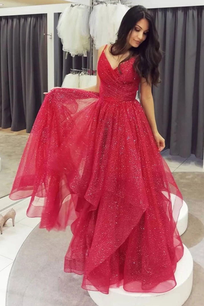 Sparkly Red V-Neck Tulle Long Prom Dresses, Formal Evening Dress