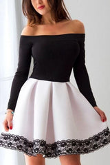Short Black Long Sleeve A-Line Homecoming Dresses with Lace