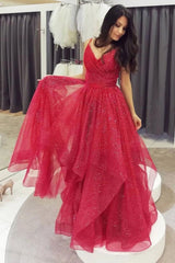 Sparkly Red V-Neck Tulle Long Prom Dresses, Formal Evening Dress