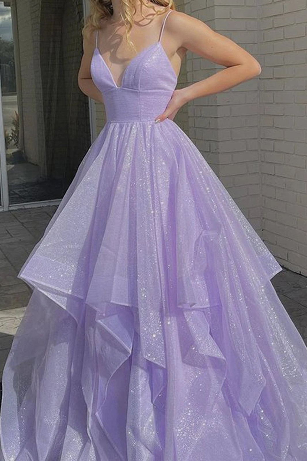 Lilac Sparkly Prom Dresses Long V-Neck Formal Evening Dresses