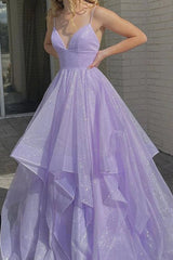 Lilac Sparkly Prom Dresses Long V-Neck Formal Evening Dresses