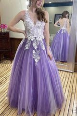A-Line Purple Prom Dresses Handmade Flowers Formal Evening Dresses