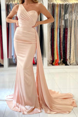 One Shoulder Purple Satin Mermaid Prom Dresses, Simple Formal Evening Gown