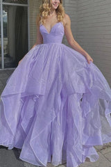 Lilac Sparkly Prom Dresses Long V-Neck Formal Evening Dresses