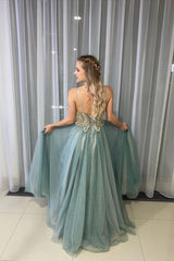 A-Line Tulle Long Prom Dress with Beaded Bodice and Spaghetti Straps
