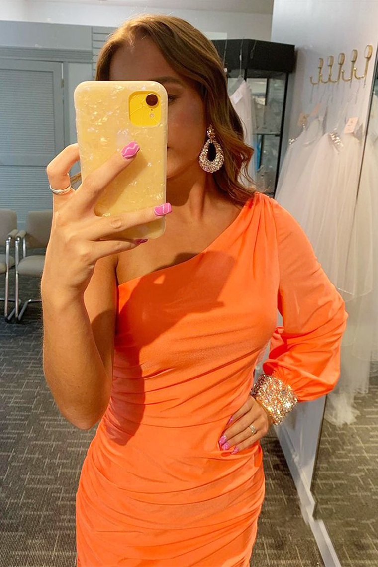 One-Shoulder Sleeve Tight Short Prom Dresses, Hot Pink Homecoming Dress