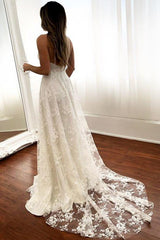Lace Beach Wedding Dresses, V-Neck Backless Bridal Gown with Split