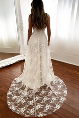 Lace Beach Wedding Dresses, V-Neck Backless Bridal Gown with Split