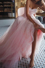 A-Line Pink Strapless Tulle Long Prom Dress