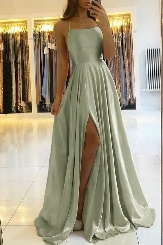 Simple A-Line Long Prom Dresses with Slit, Backless Evening Dress