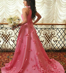 A-Line Halter Light Plum Long Prom Dresses with Handmade Flowers