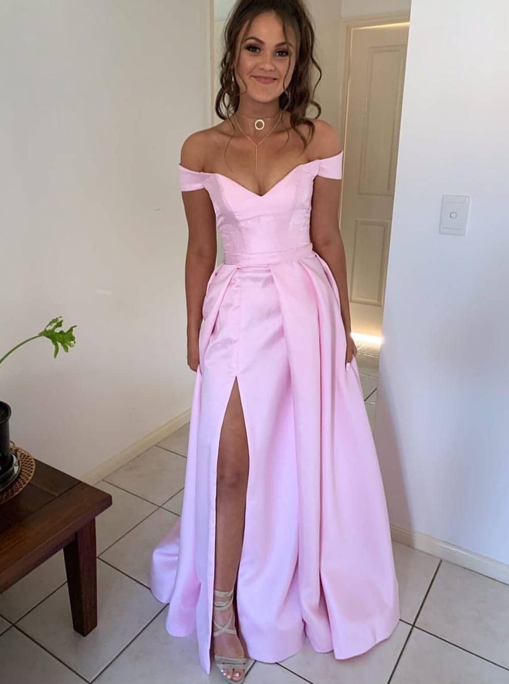 Simple Pink Long Prom Dresses, Off-Shoulder Sleeveless Evening Dress with Split