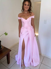 Simple Pink Long Prom Dresses, Off-Shoulder Sleeveless Evening Dress with Split