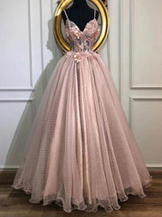 A-Line V-Neck Tulle Long Prom Dresses, Pearl Pink Appliques Formal Evening Dress