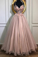 A-Line V-Neck Tulle Long Prom Dresses, Pearl Pink Appliques Formal Evening Dress