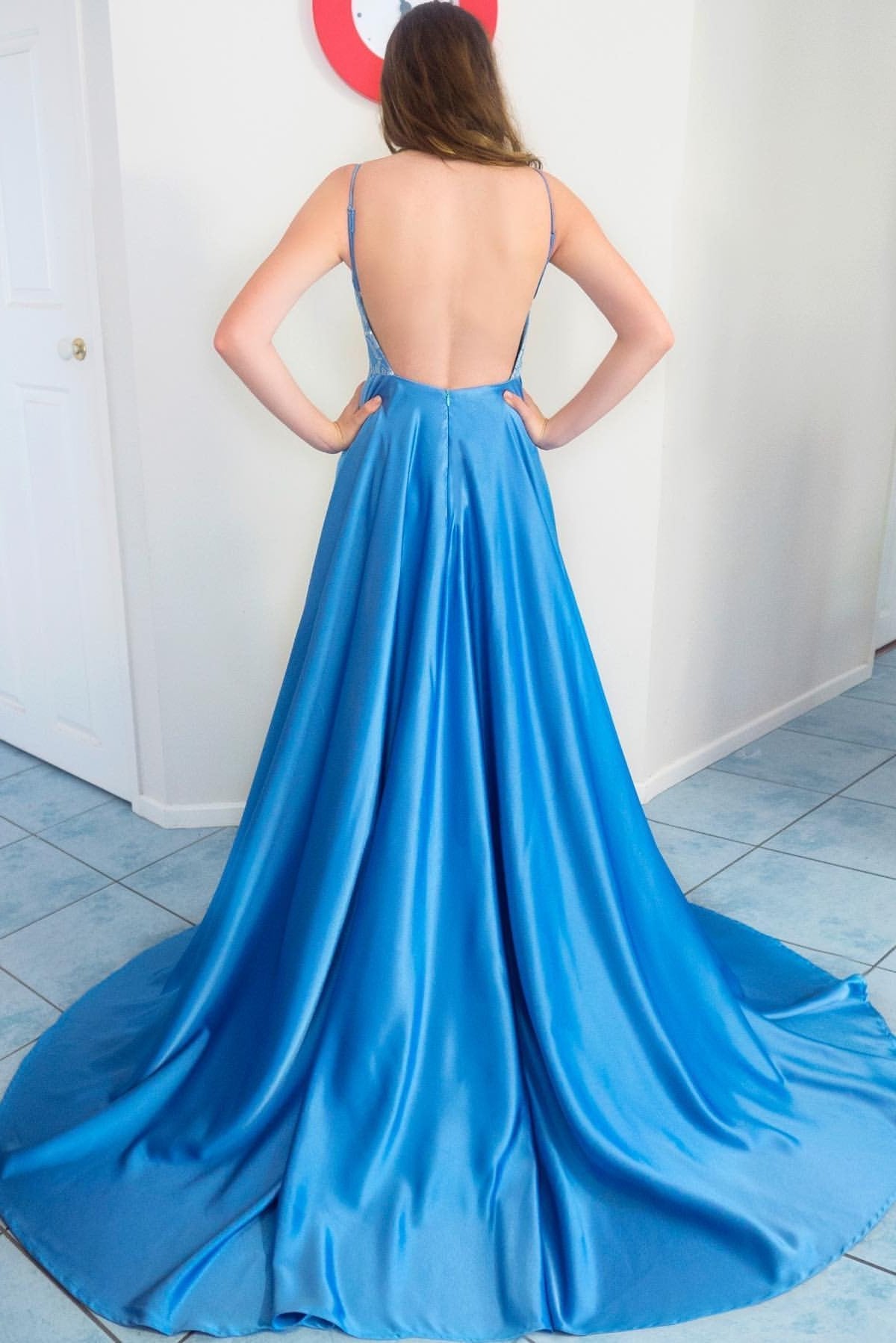 Ice Blue A-Line Backless Long Prom Dresses with Appliques