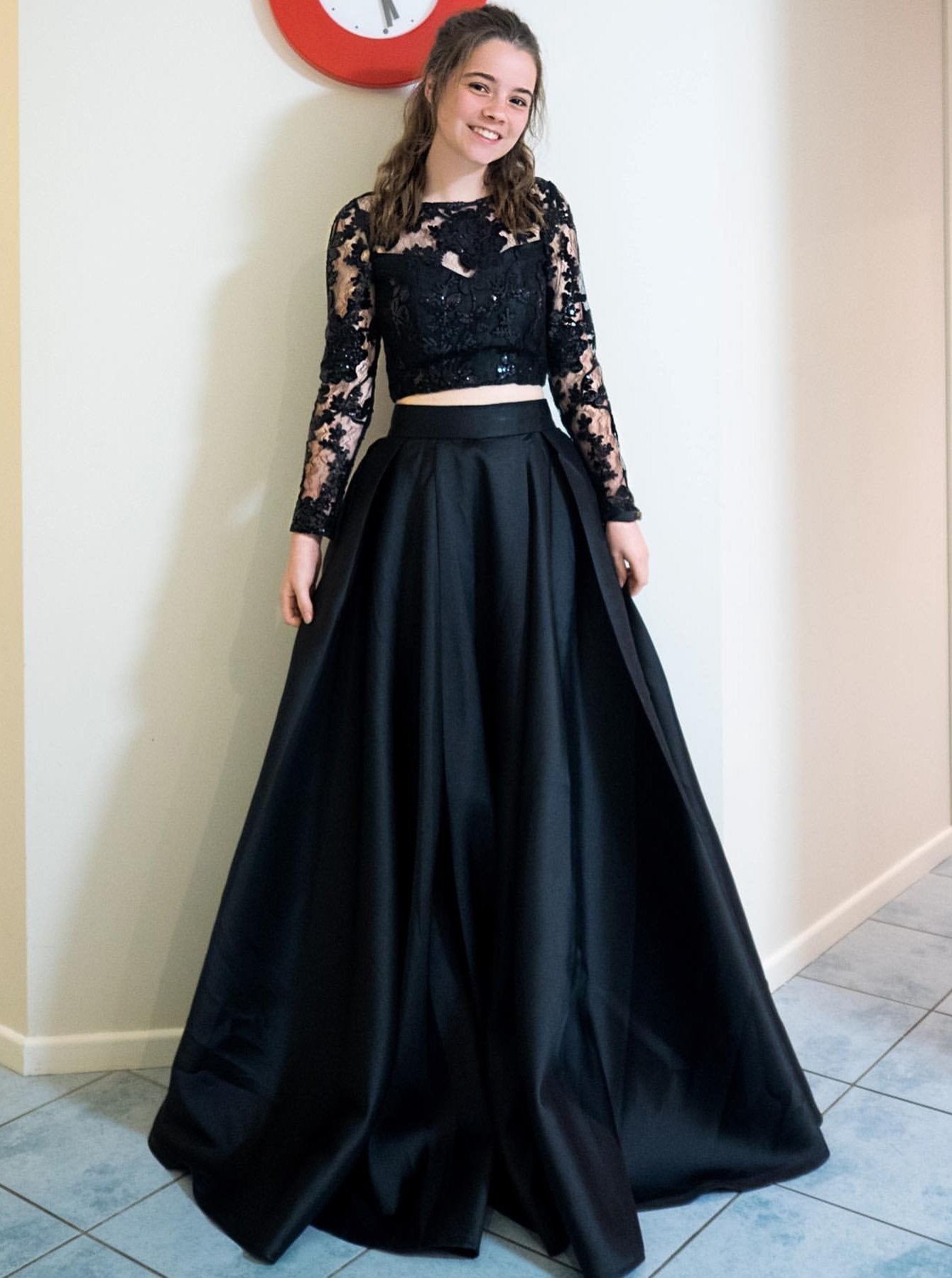 Two-Piece Black Long Prom Dresses, Long Sleeves Formal Gowns