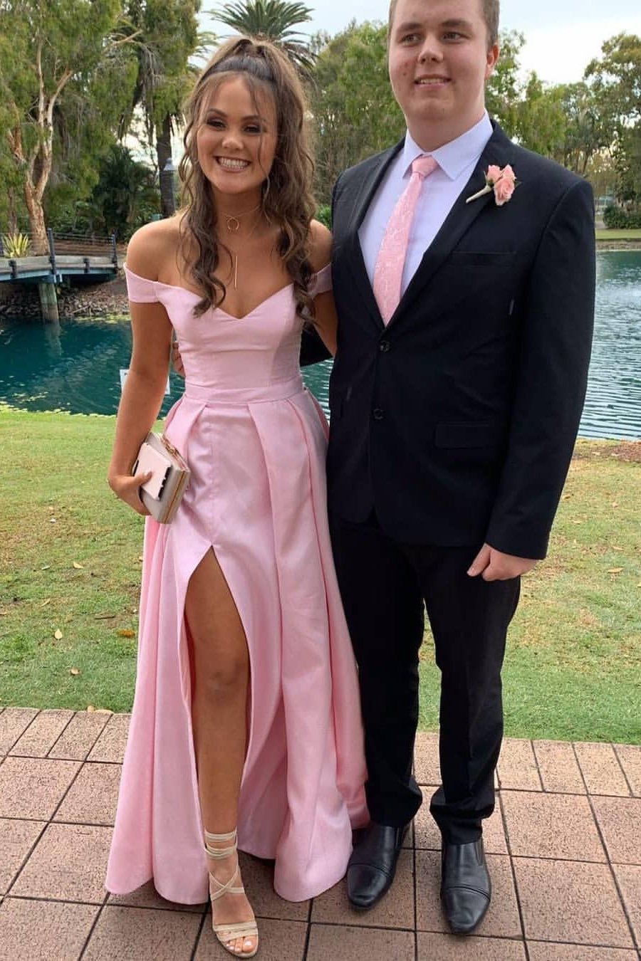 Simple Pink Long Prom Dresses, Off-Shoulder Sleeveless Evening Dress with Split