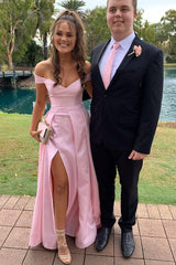 Simple Pink Long Prom Dresses, Off-Shoulder Sleeveless Evening Dress with Split