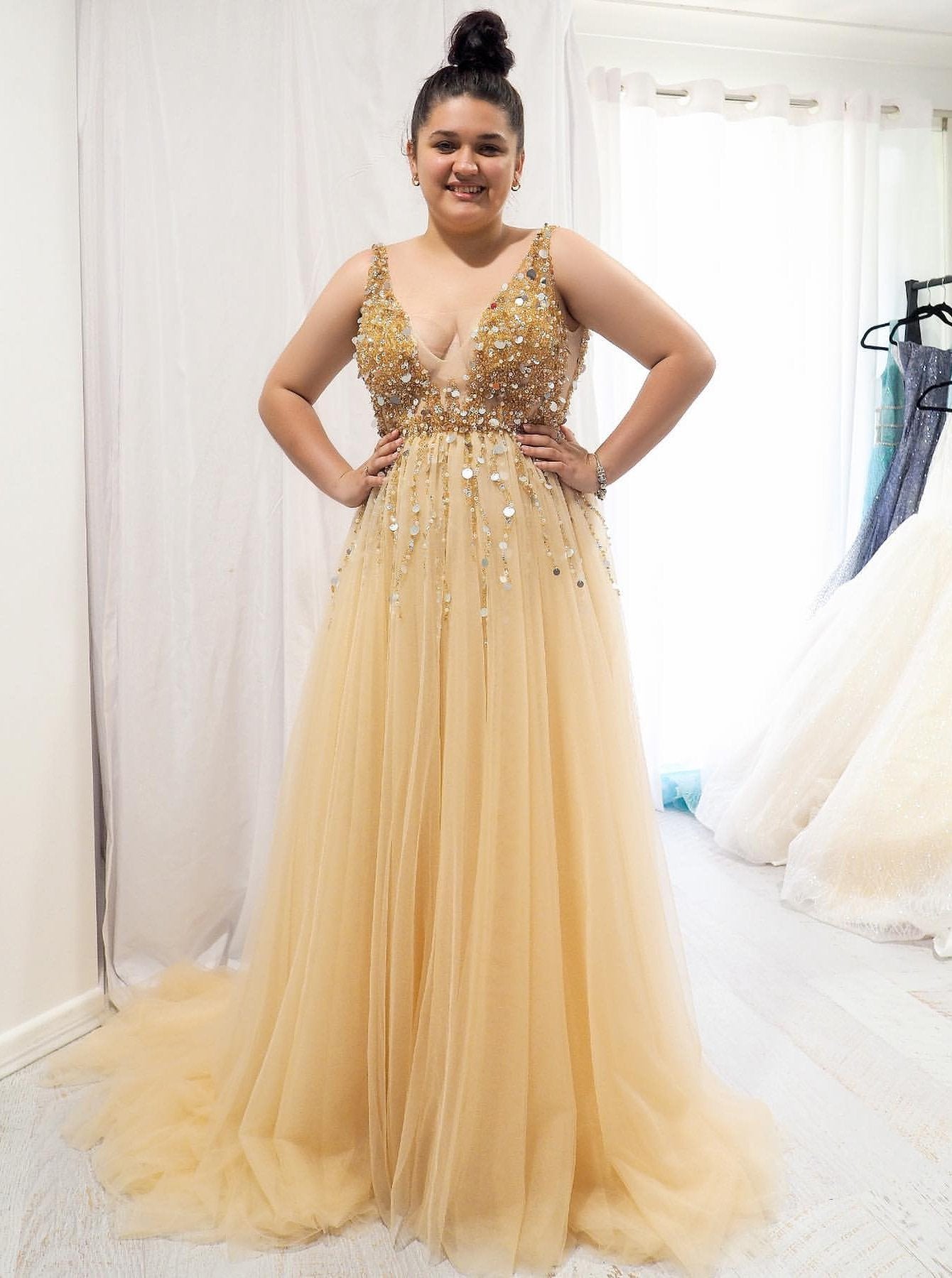 A-Line Gold V-neck Sequins Beaded Plus Size Long Prom Dress