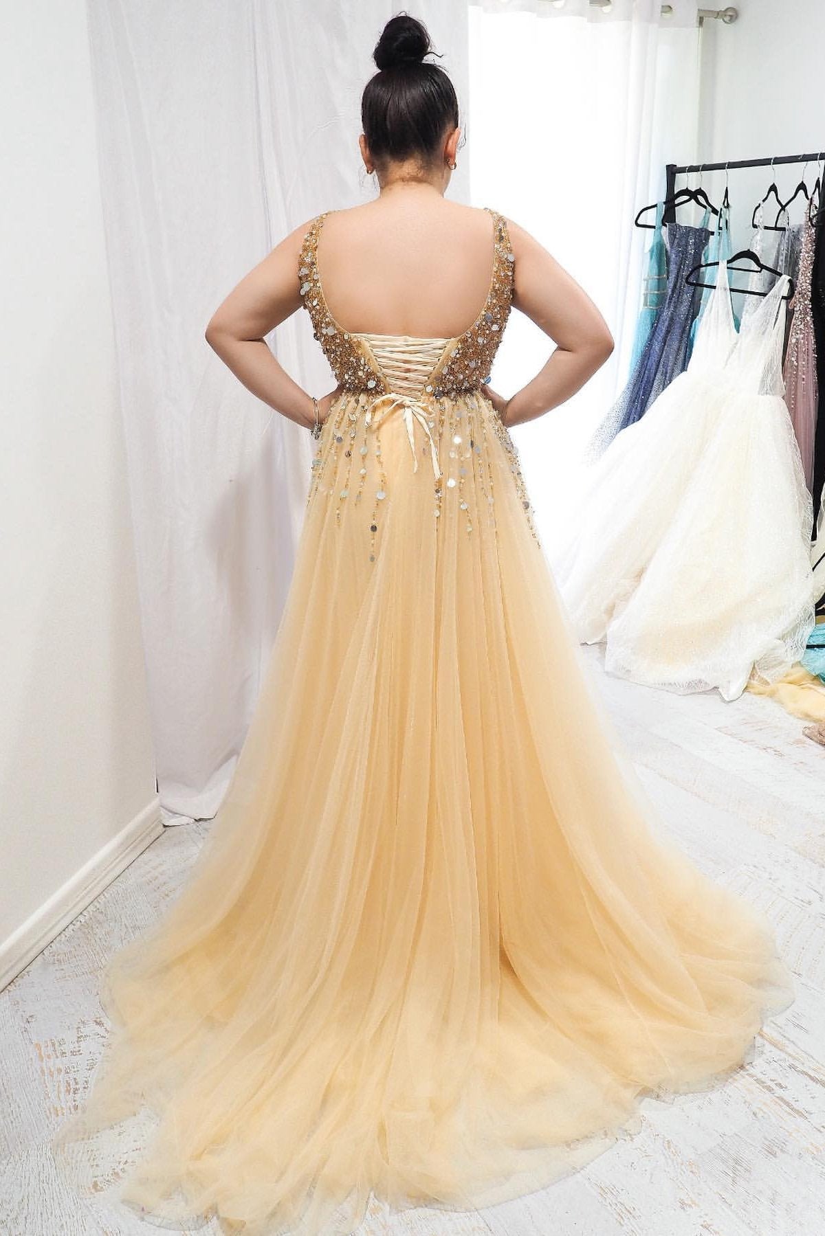 A-Line Gold V-neck Sequins Beaded Plus Size Long Prom Dress
