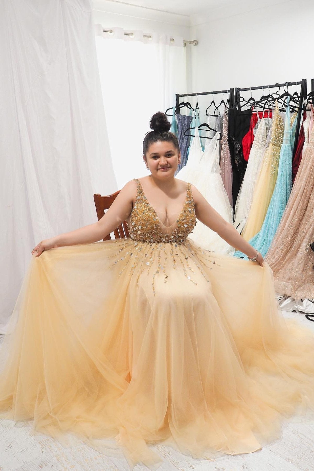 A-Line Gold V-neck Sequins Beaded Plus Size Long Prom Dress