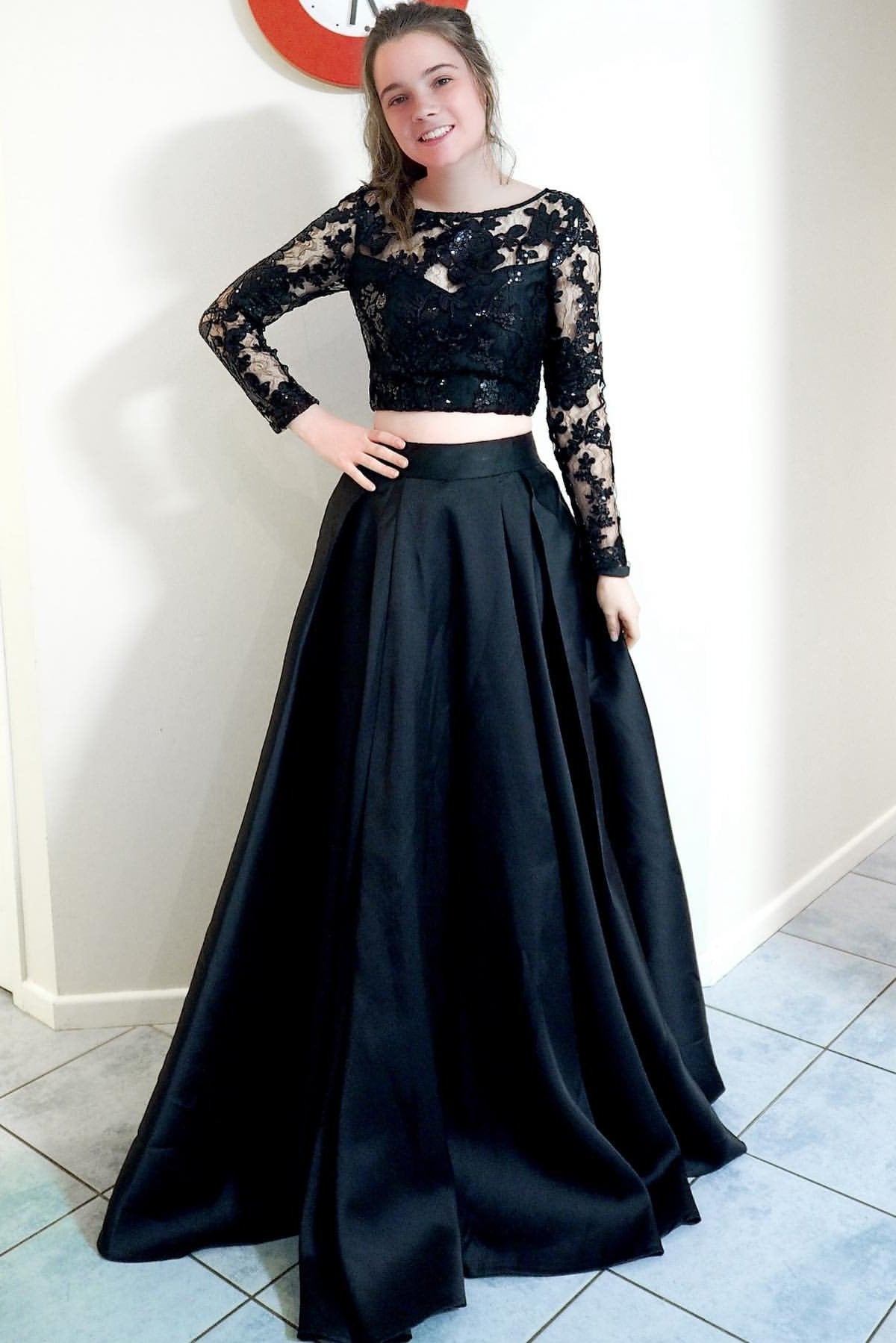 Two-Piece Black Long Prom Dresses, Long Sleeves Formal Gowns