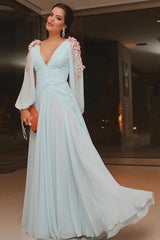 Elegant Light Blue Long Puffy Sleeves Evening Dresses Chiffon Prom Dress