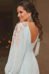 Elegant Light Blue Long Puffy Sleeves Evening Dresses Chiffon Prom Dress