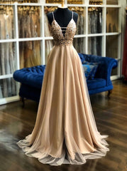 A-Line Spaghetti Long Formal Prom Dresses, Beaded Evening Dresses