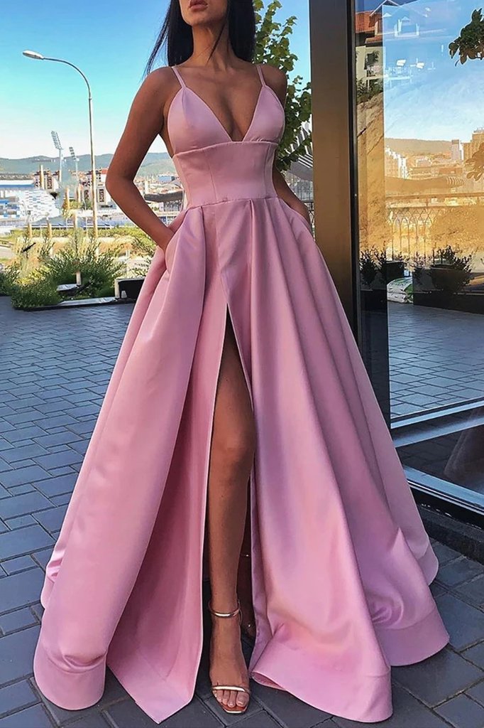 Simple A-Line V-Neck Red Long Prom Dresses, Formal Evening Dress with Pockets
