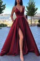 Simple A-Line V-Neck Red Long Prom Dresses, Formal Evening Dress with Pockets