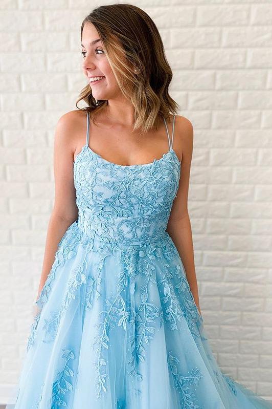 Sky Blue Tulle Appliques Spaghetti-Straps Long Prom Dresses