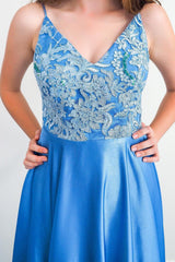 Ice Blue A-Line Backless Long Prom Dresses with Appliques