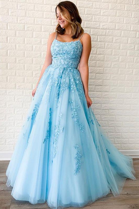 Sky Blue Tulle Appliques Spaghetti-Straps Long Prom Dresses