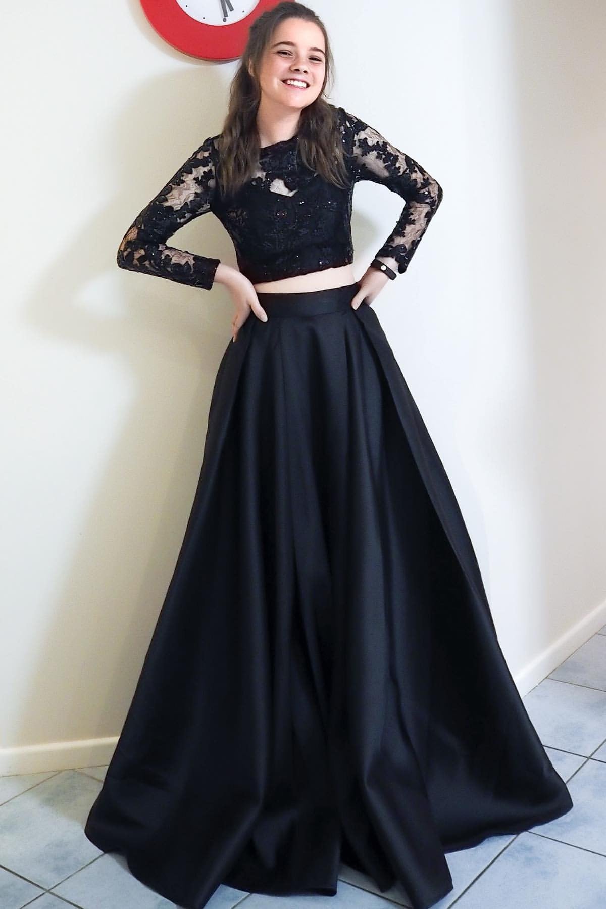 Two-Piece Black Long Prom Dresses, Long Sleeves Formal Gowns