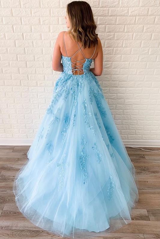 Sky Blue Tulle Appliques Spaghetti-Straps Long Prom Dresses