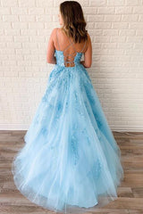Sky Blue Tulle Appliques Spaghetti-Straps Long Prom Dresses