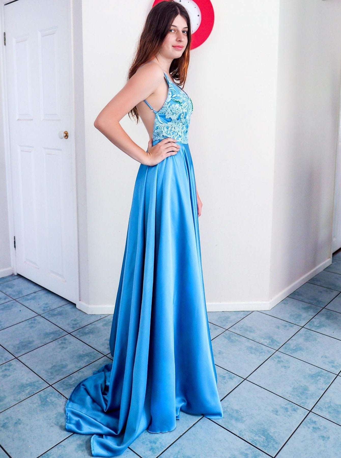 Ice Blue A-Line Backless Long Prom Dresses with Appliques