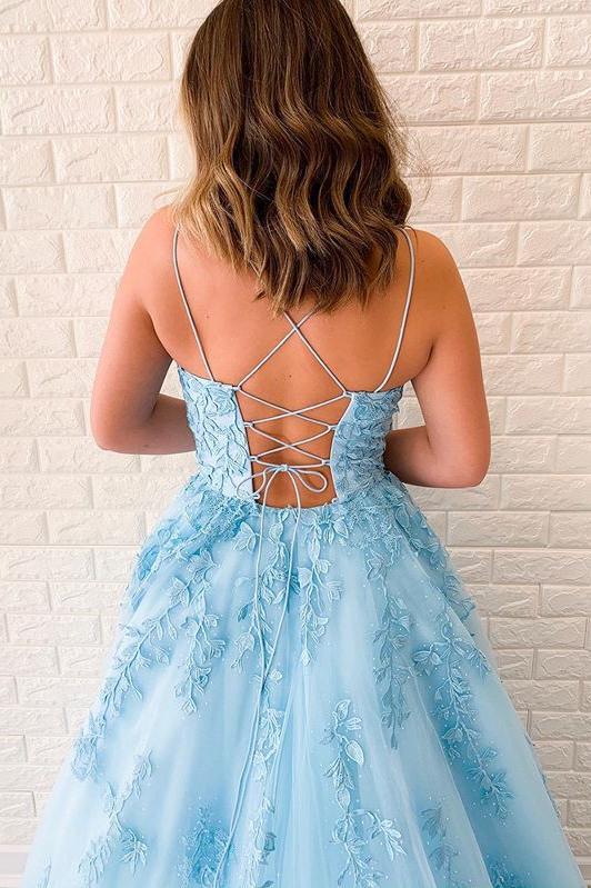 Sky Blue Tulle Appliques Spaghetti-Straps Long Prom Dresses
