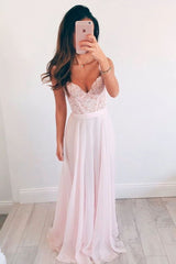 Baby Pink V-Neck Chiffon Long Prom Dress Evening Dress with Lace