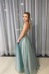 A-Line Tulle Long Prom Dress with Beaded Bodice and Spaghetti Straps